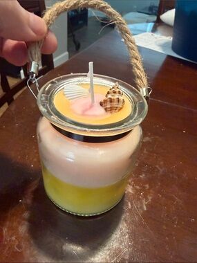 Coastal Two-Tone Pink & Yellow Candle Jar with Rope Handle